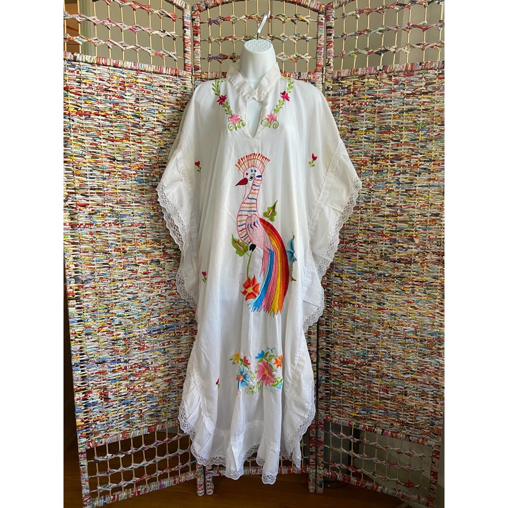 VTG Floral Bird Embroidered Lace Muumuu Gown L-XL